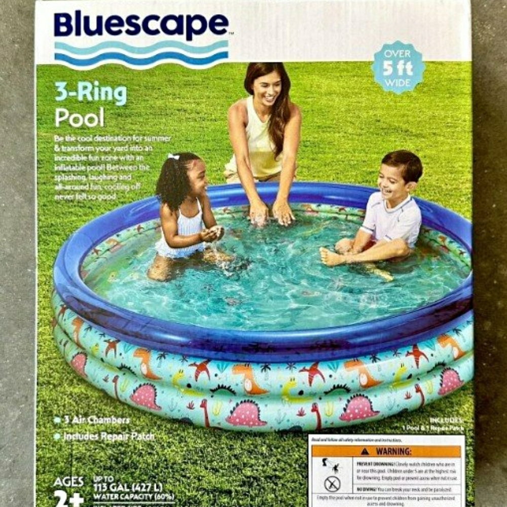 Blue 3-Ring Inflatable Toy Pool with Ocean Theme NEW